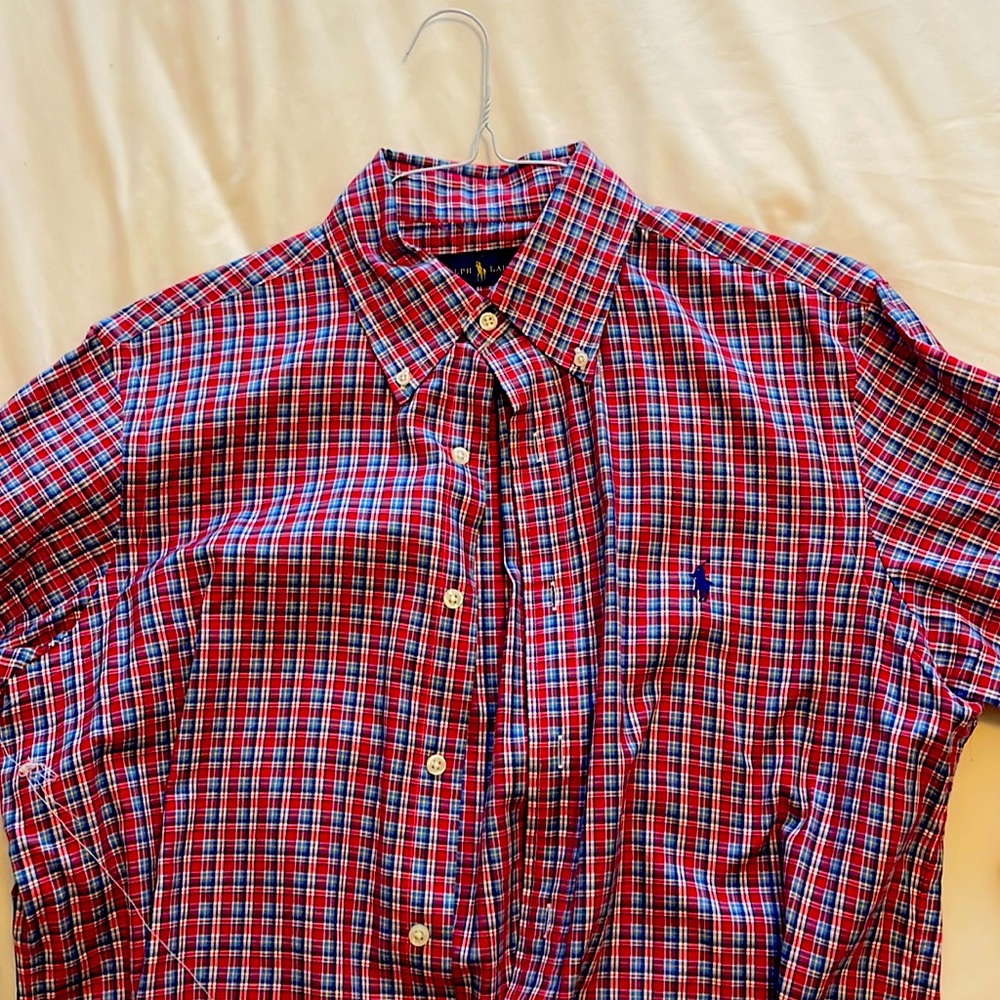 Medium Ralph Lauren polo dress shirt. Always dry cleaned.